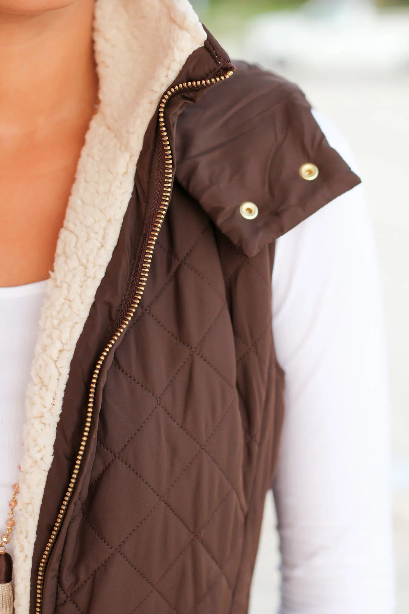 Brown Quilted Vest with Fur Collar