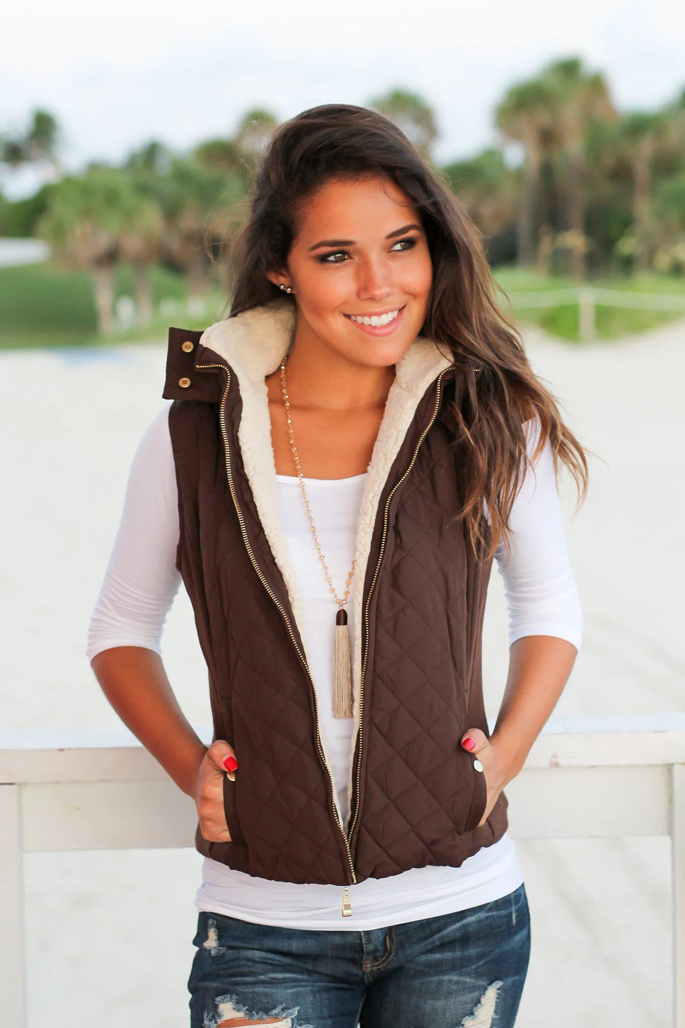 Brown Quilted Vest with Fur Collar