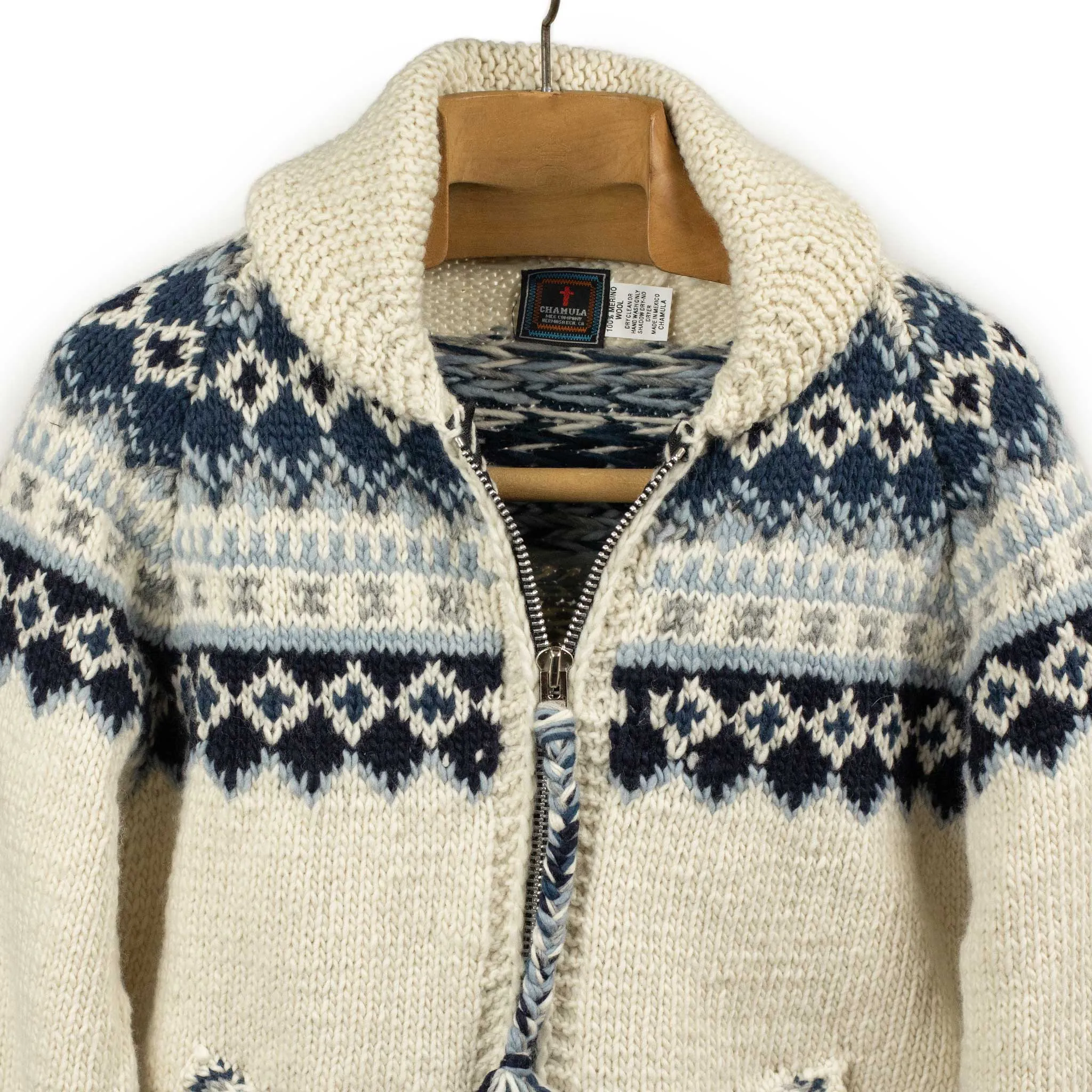 Chamula hand-knit Fair Isle zipper cardigan in Ivory wool