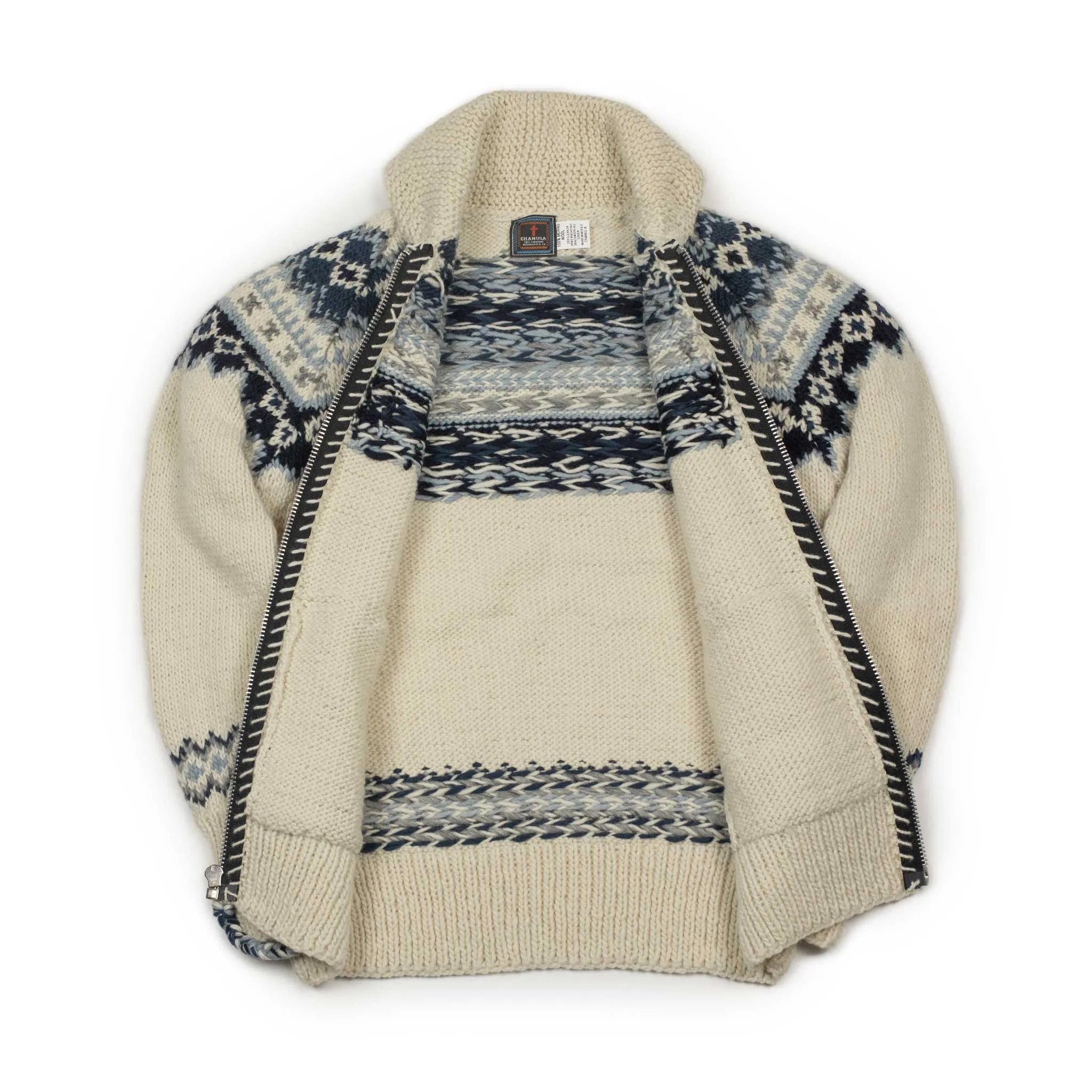 Chamula hand-knit Fair Isle zipper cardigan in Ivory wool