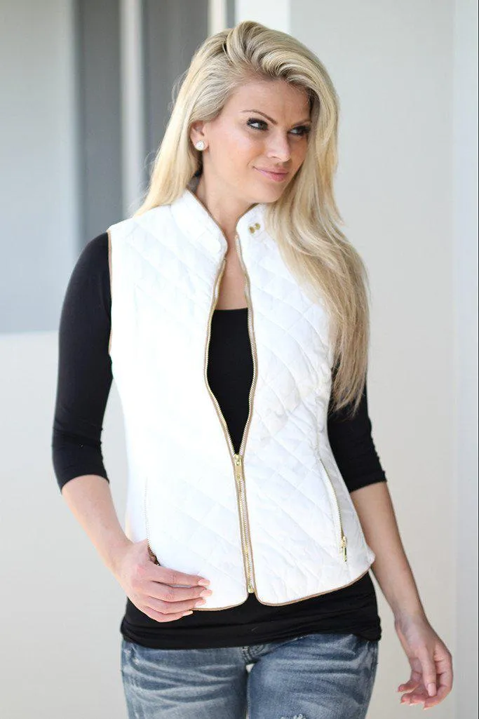 Cream Quilted Vest With Pockets