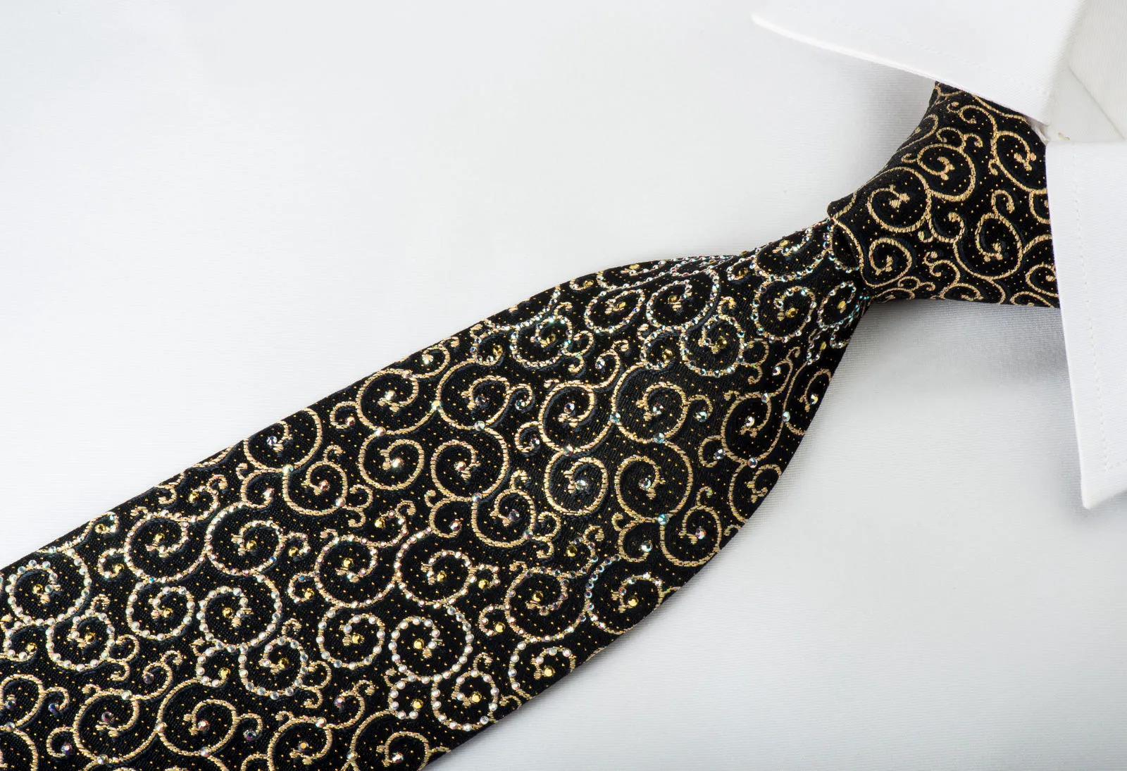 Daks Rhinestone Silk Necktie Golden Scrolls On Black With Gold Sparkles