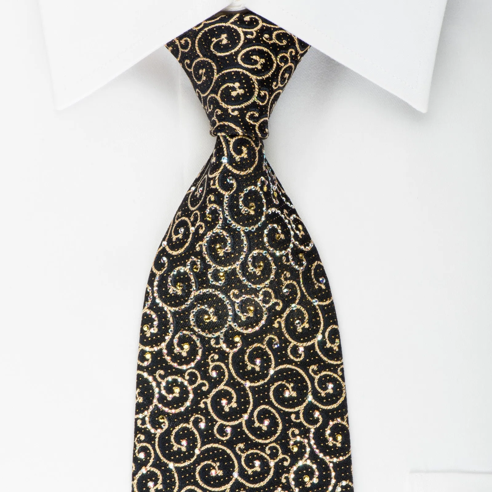 Daks Rhinestone Silk Necktie Golden Scrolls On Black With Gold Sparkles