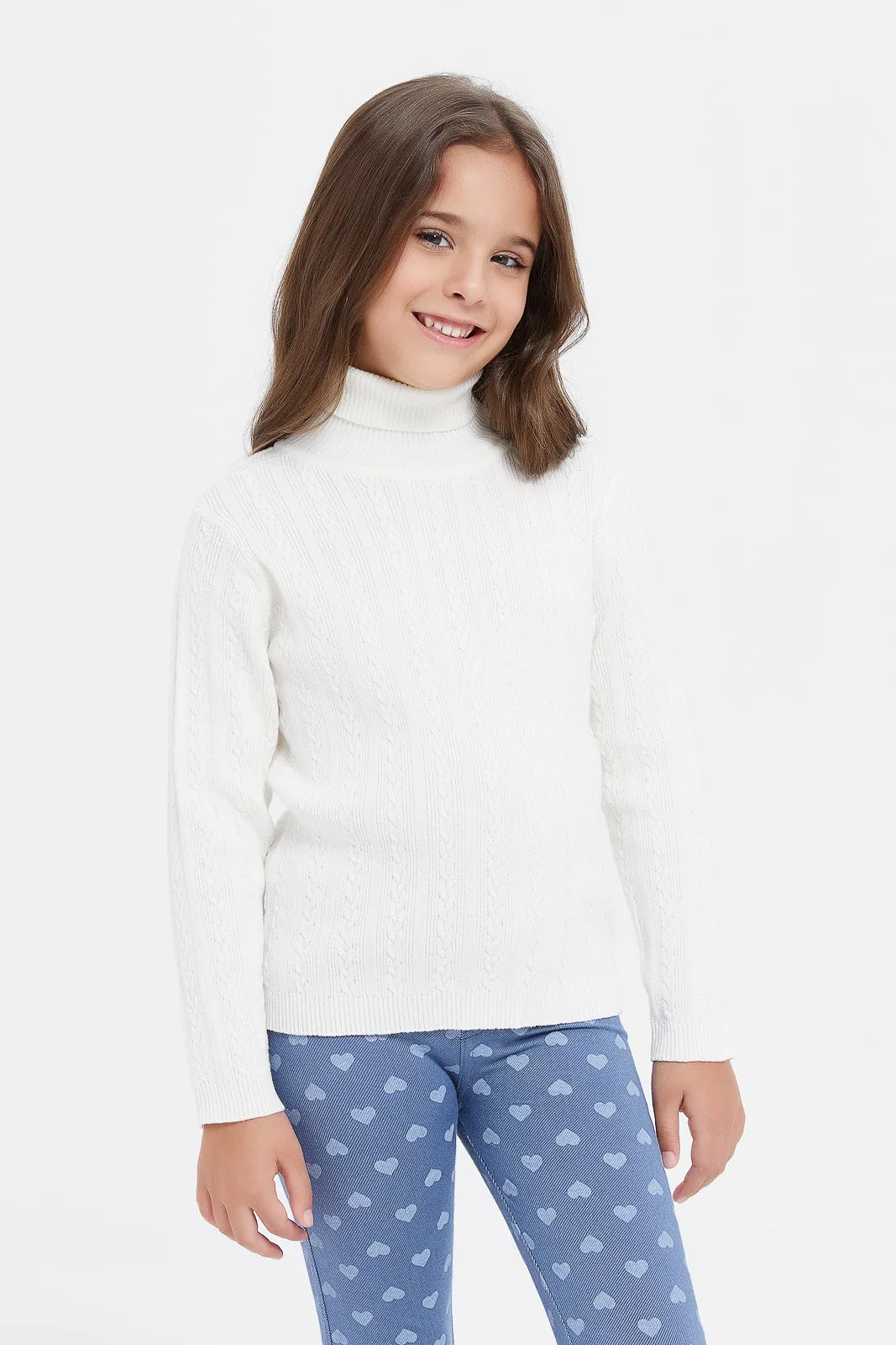 Girls White High Neck Pullover