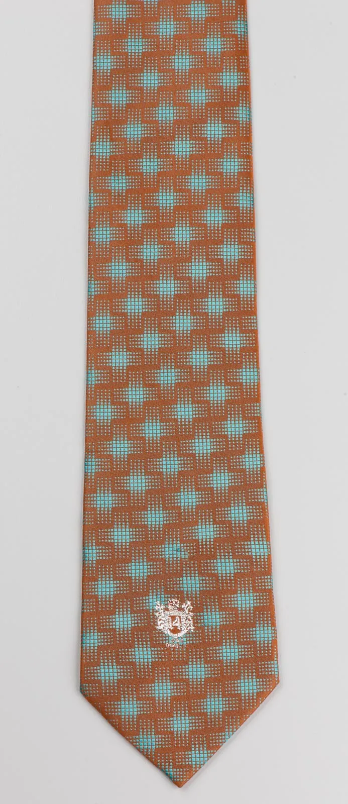 Louis Quatorze Men's Silk Neck Tie Blue Geometric Design On Brown 3 1/2 Inch