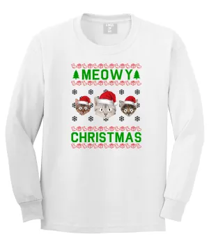 Meowy Christmas Cat Funny Ugly Mens Long Sleeve T-Shirt