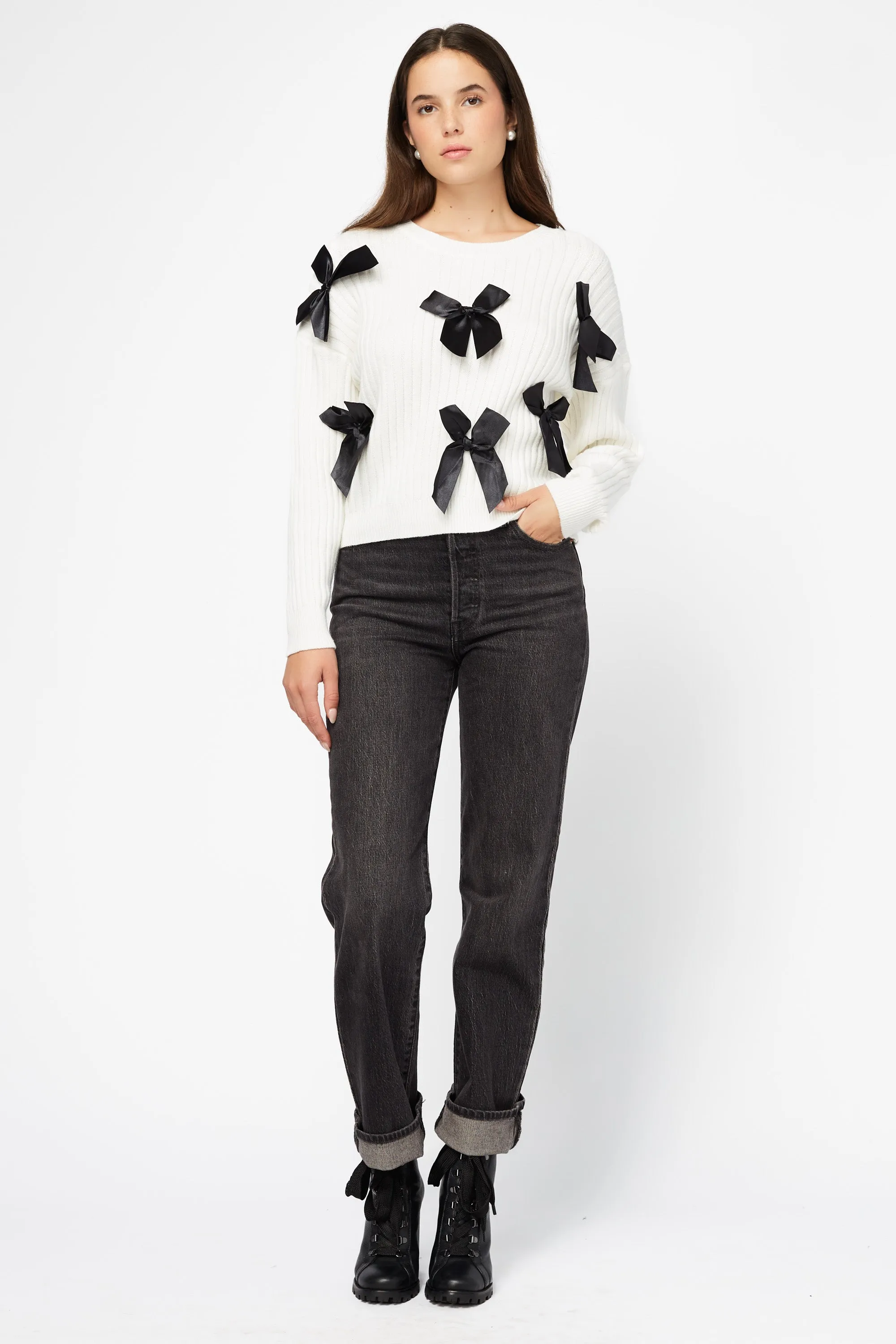 Playful Bow Accent Ribbed Sweater