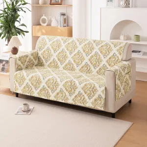 Quilted Printed Polyester Sofa Cover Mat for 1/2/3 Seater Sofa with Side Pockets, Pet Friendly, Damask Beige