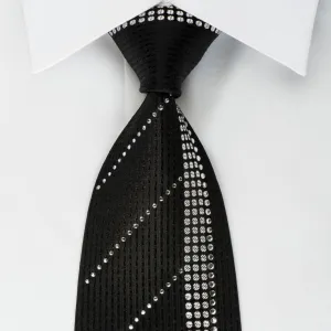 Remizio Black Rhinestone Silk Necktie Rhinestone Striped On Black With Silver Sparkles