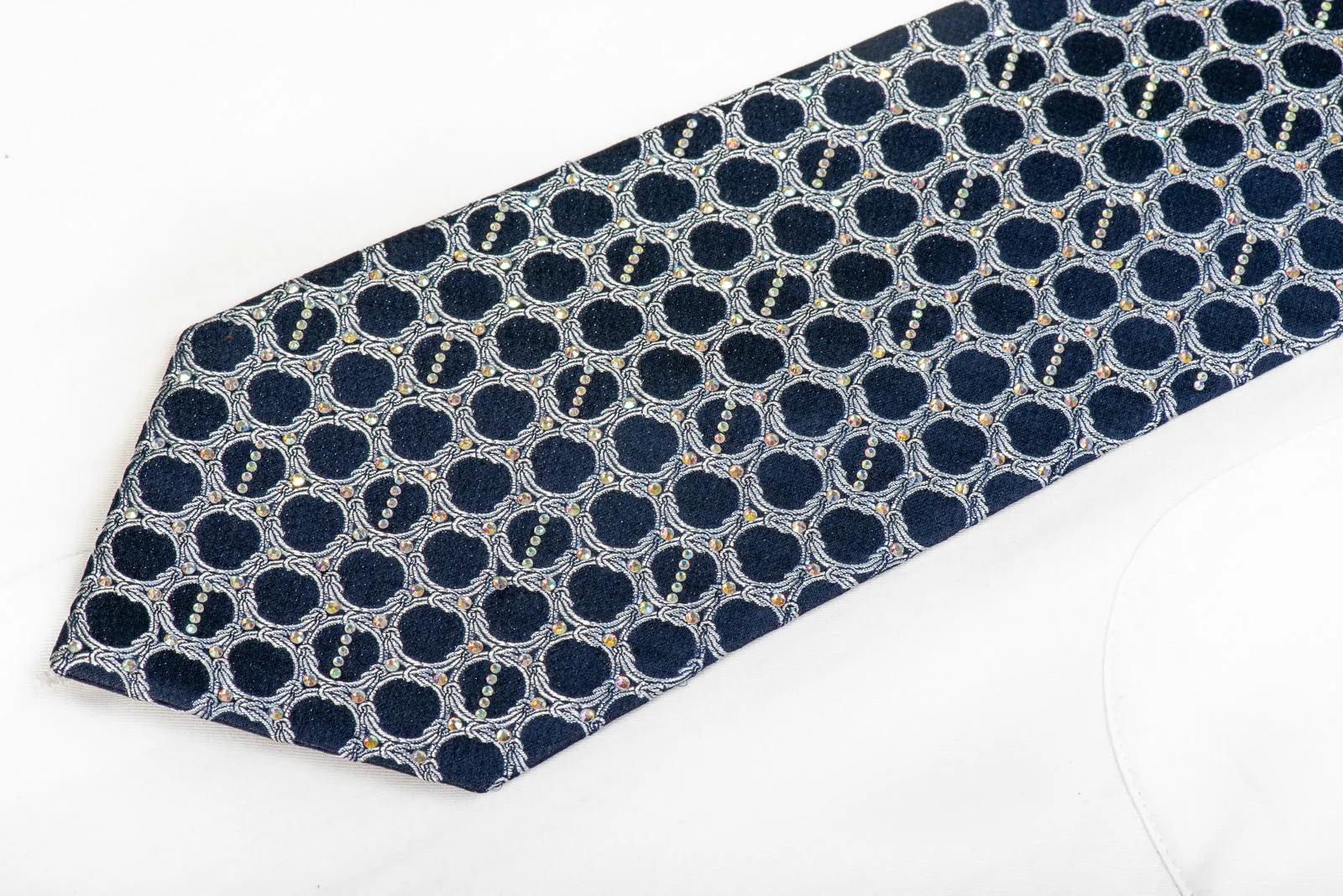 Renoma Men's Silk Rhinestone Necktie Silver Interlocking Chains On Navy