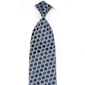 Renoma Men's Silk Rhinestone Necktie Silver Interlocking Chains On Navy