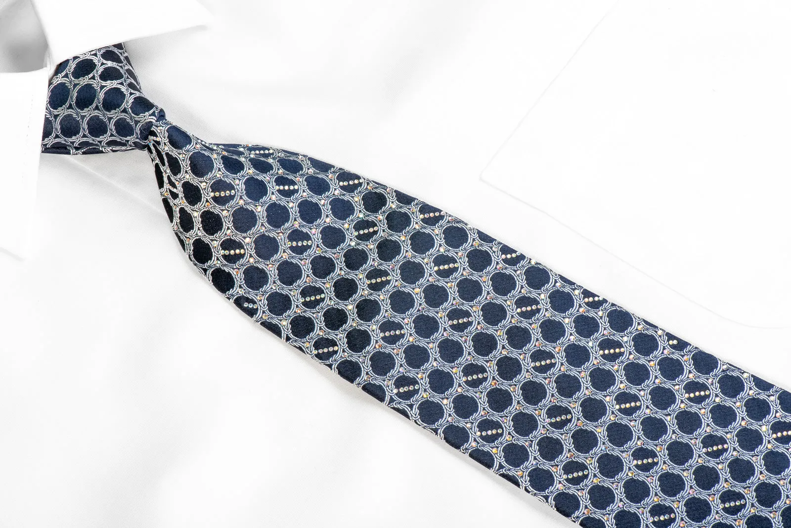 Renoma Men's Silk Rhinestone Necktie Silver Interlocking Chains On Navy