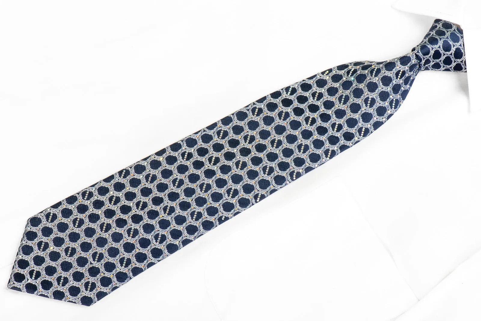 Renoma Men's Silk Rhinestone Necktie Silver Interlocking Chains On Navy