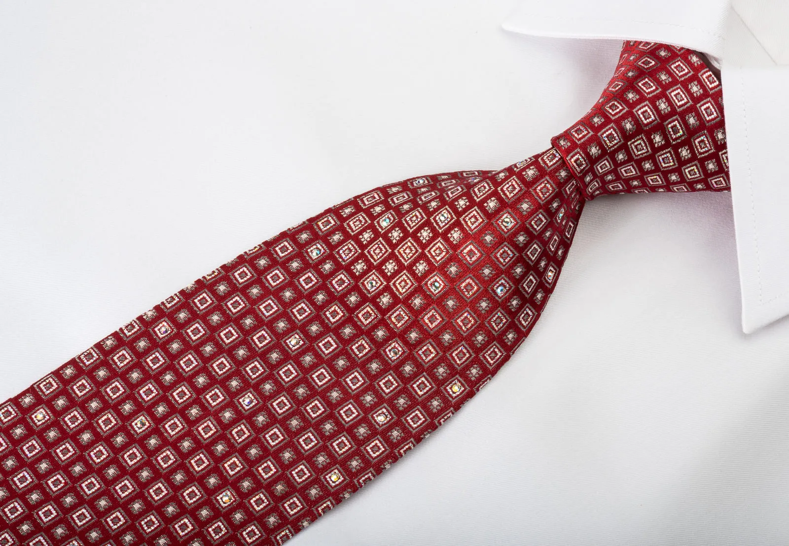 Renoma Rhinestone Tie Geometric Silver Squares On Burgundy With Silver Sparkles