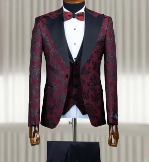 Senzo Rivolli Premium Floral Burgundy 4pc Tuxedo W/ Matching Bowtie