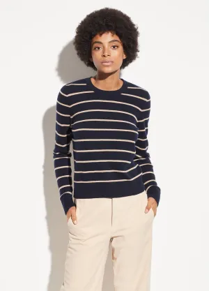 Striped Overlay Cashmere Crew in Coastal/Limestone