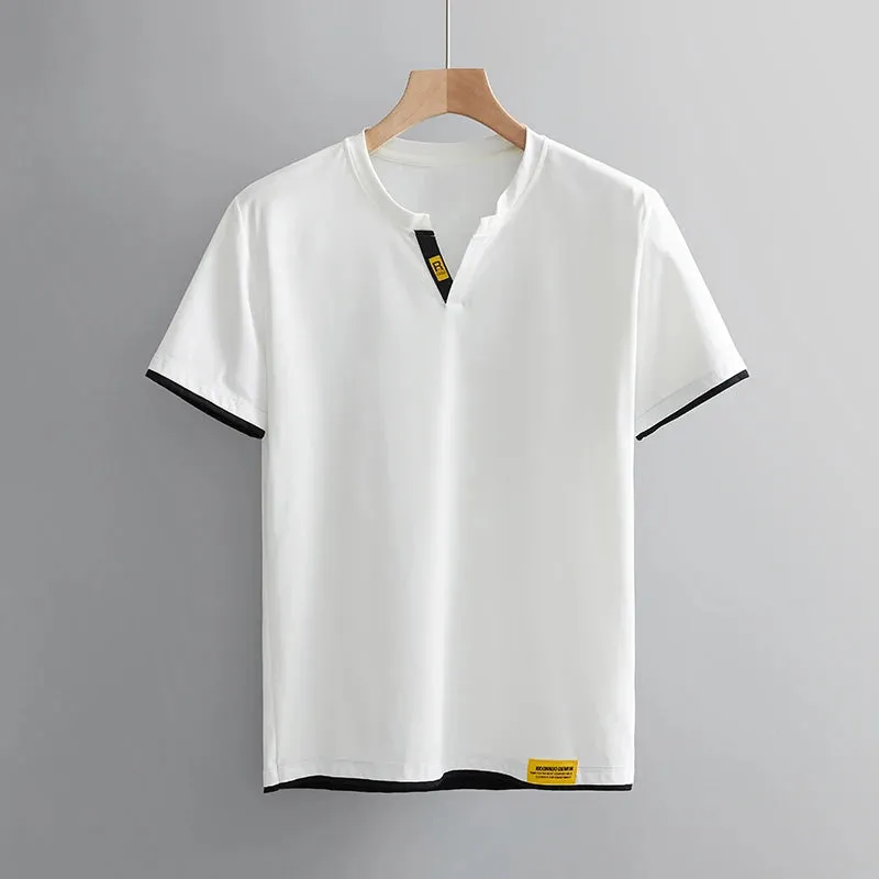 V Neck Short Sleeve Tees Loose Ice Silk Breathable T-shirt Male Casual Tops