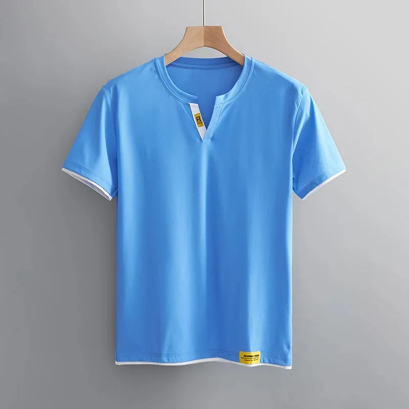 V Neck Short Sleeve Tees Loose Ice Silk Breathable T-shirt Male Casual Tops