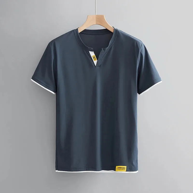 V Neck Short Sleeve Tees Loose Ice Silk Breathable T-shirt Male Casual Tops